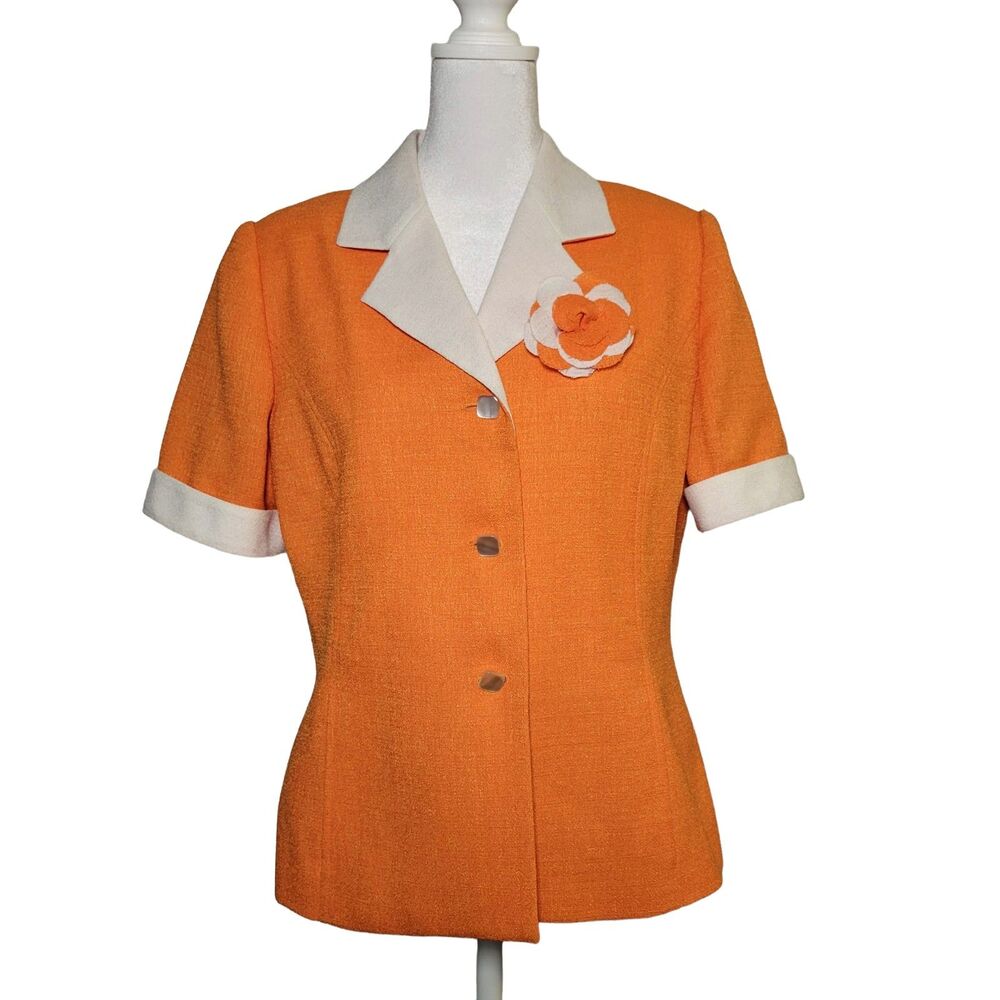 Vtg 70s Morgan Miller Orange Cream Short Sleeve Blazer 10P Mod Flower Jackie O